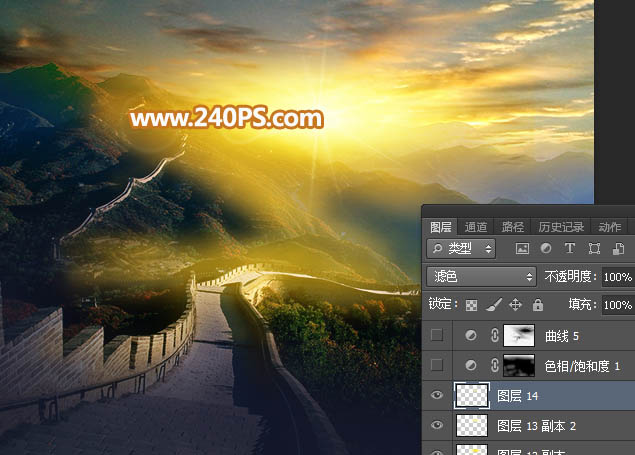 Photoshop給長(zhǎng)城照片添加斜陽美景結(jié)果,圖趣網(wǎng)